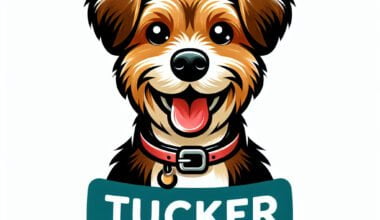 Ilustração alegre de cão com coleira "Tucker".