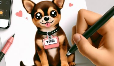Ilustração de cachorro fofo com coleira "Tufão".