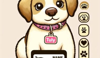 Cãozinho fofo ilustrado com coleira e identificação "Tuly".