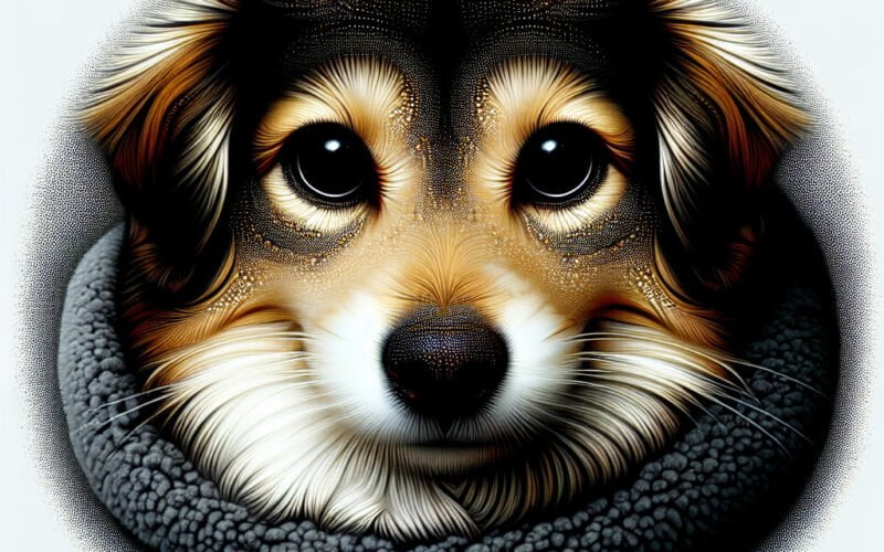 Cão fofo em cobertor, ilustração hiper-realista.