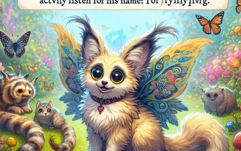 Ilustração de gato fantástico com asas e animais mágicos.