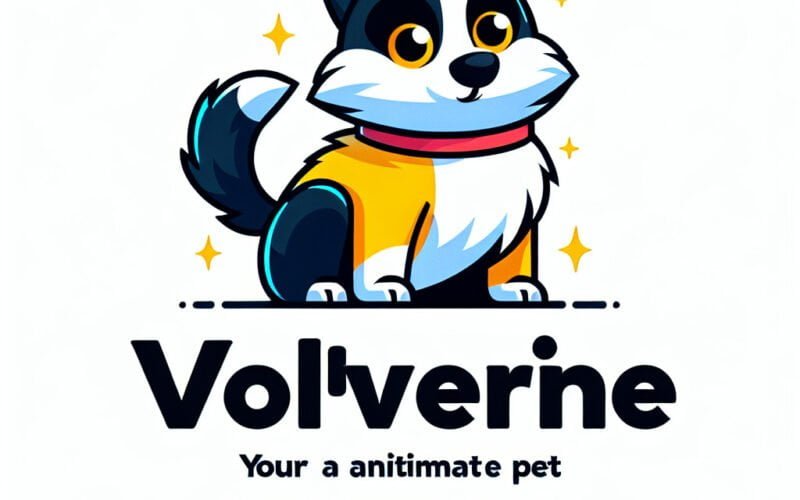 Ilustração de cão animado, nome "Volverine", slogan de marca.