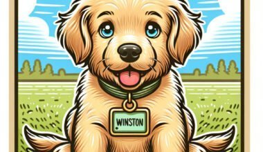 Cachorro desenho animado sorridente com medalha "Winston".