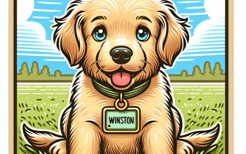 Cachorro desenho animado sorridente com medalha "Winston".