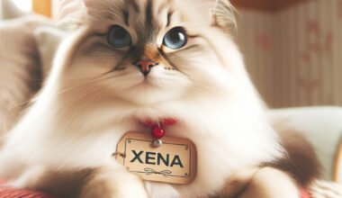 Gato persa com medalha nome Xena em almofada vermelha.