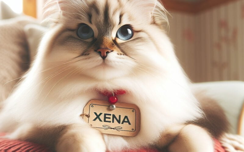 Gato persa com medalha nome Xena em almofada vermelha.