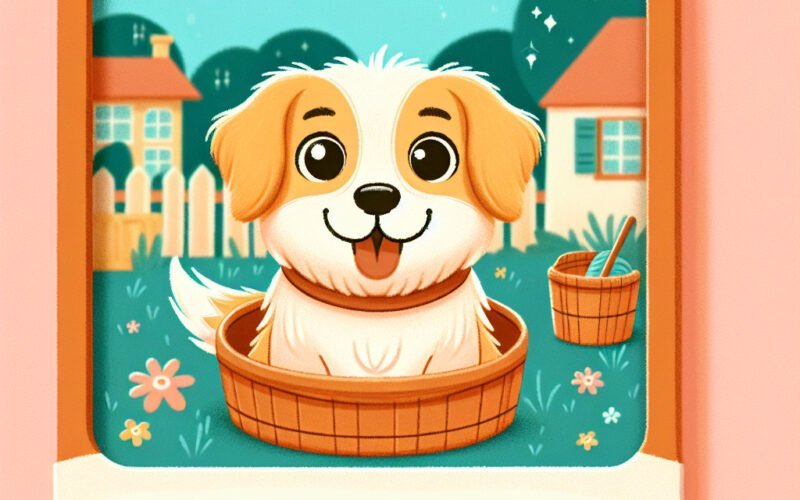 Cão feliz no jardim, ilustração animada.