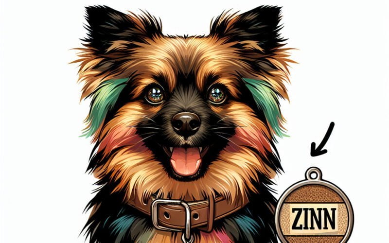 Cão colorido sorridente com medalha "ZINN".